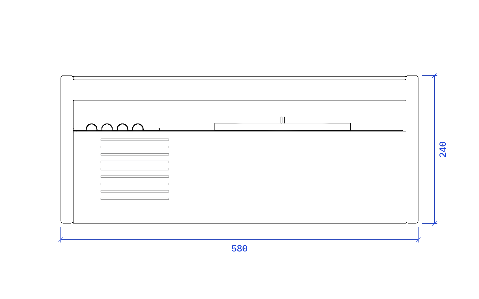 Front elevation of the Braun Phonosuper SK 4, 580 mm wide and 240 mm high