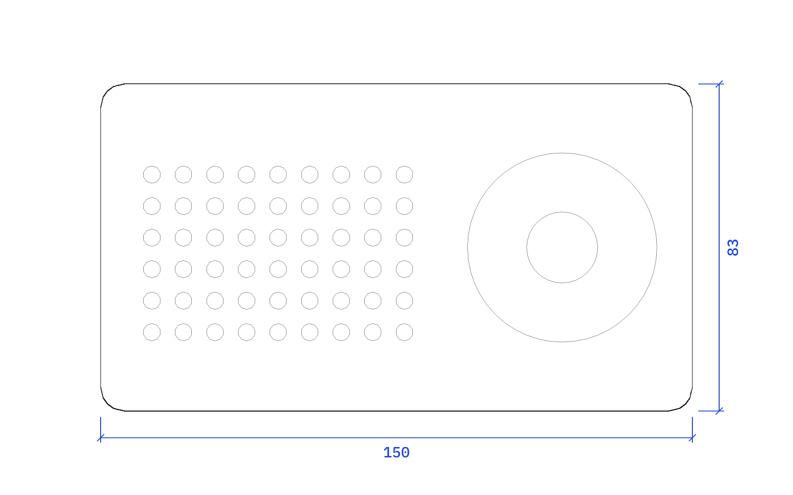 Front elevation of the Braun T 3 (Transistor 3 pocket receiver), 150 mm wide and 83 mm high