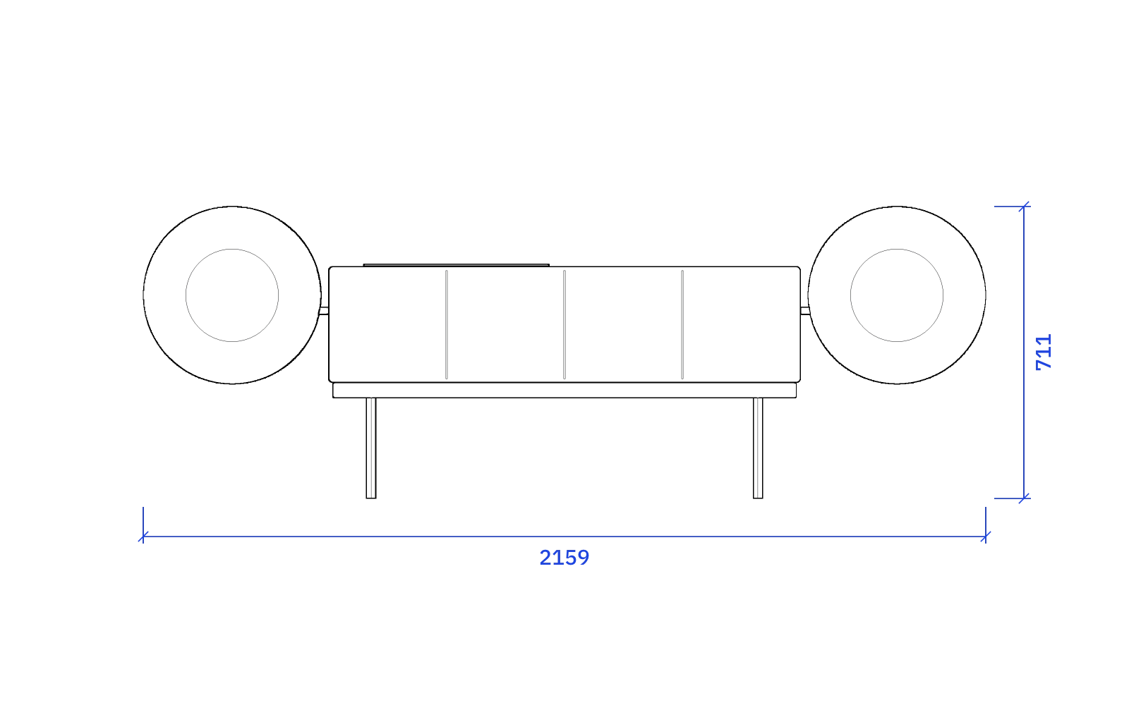 Front elevation of the Clairtone Project G, 2159 mm wide and 711 mm high