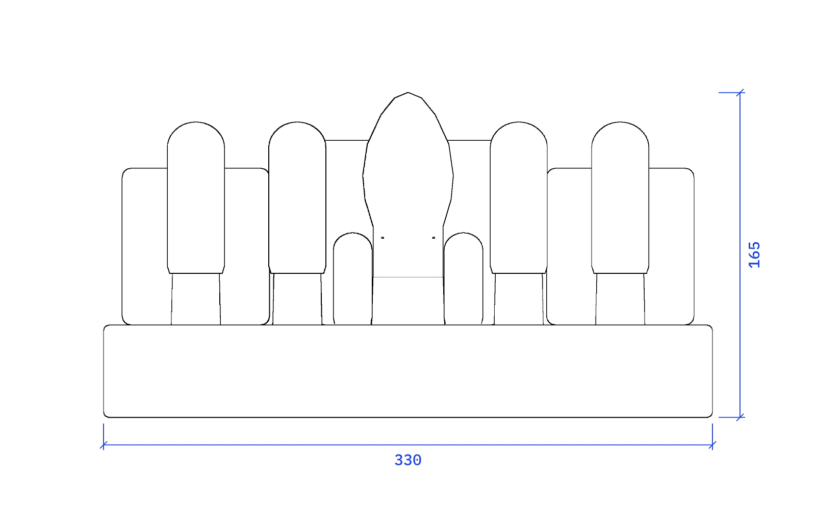 Front elevation of the Dynaco Stereo 70 (ST-70), 330 mm wide and 165 mm high