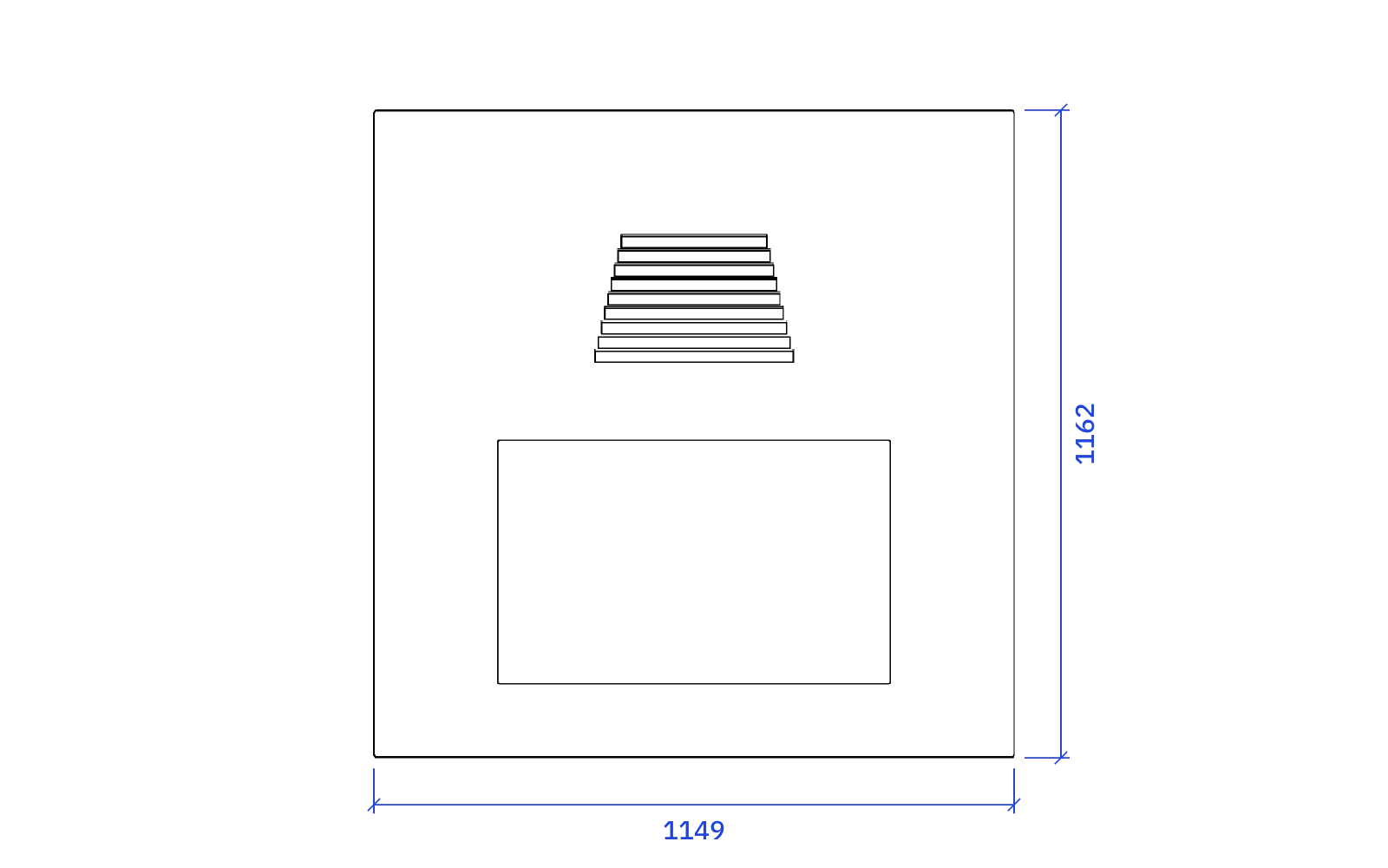 Front elevation of the JBL Hartsfield D30085, 1149 mm wide and 1162 mm high