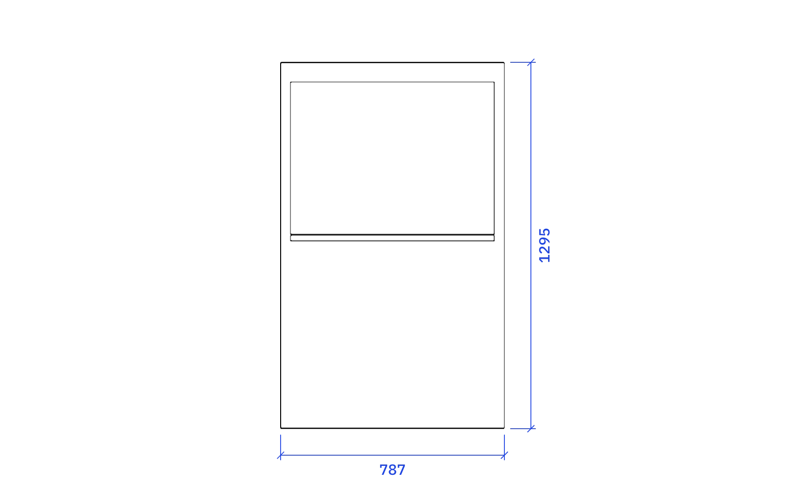 Front elevation of the Klipsch Klipschorn, 787 mm wide and 1295 mm high