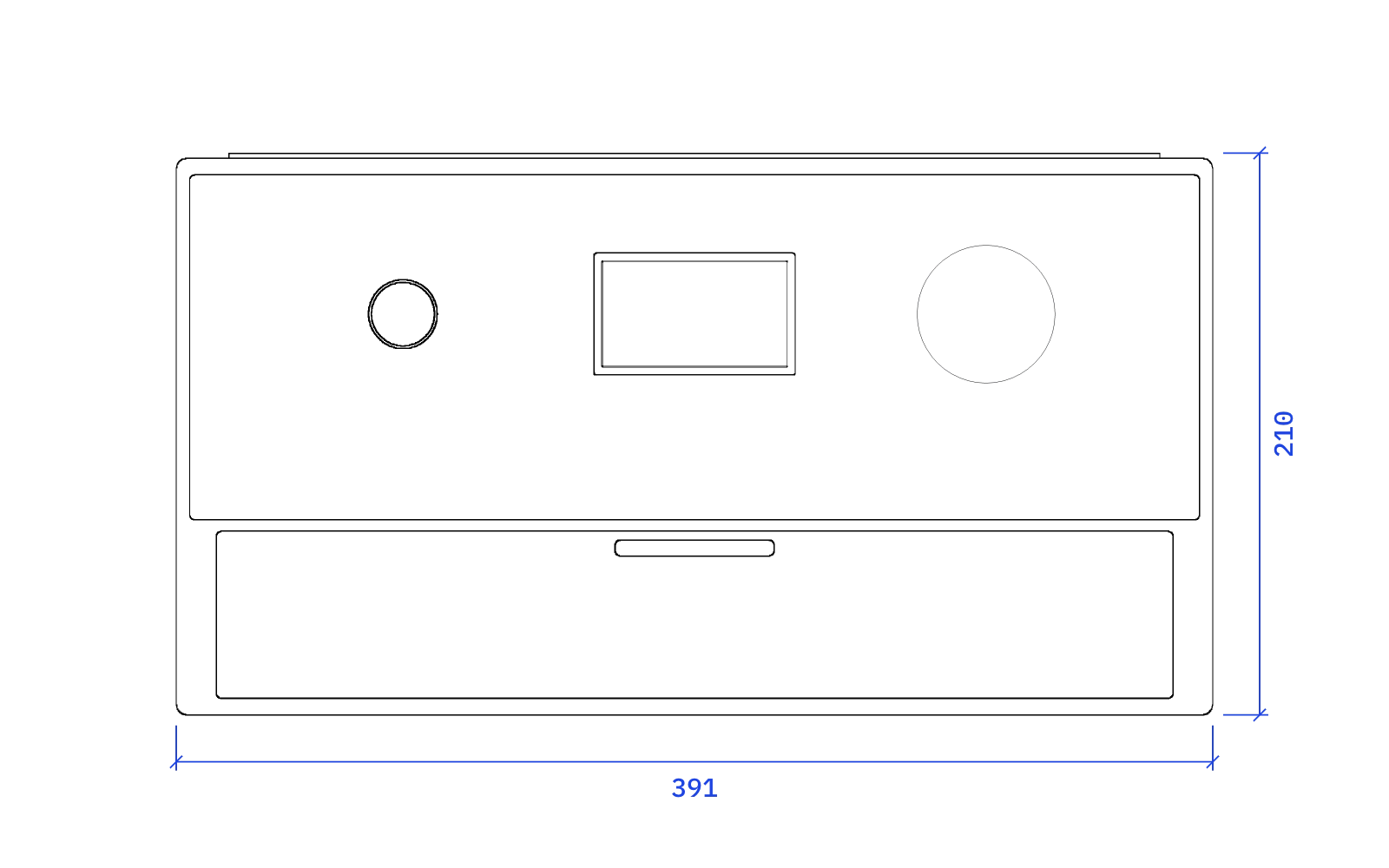 Front elevation of the Marantz Model 9, 391 mm wide and 210 mm high