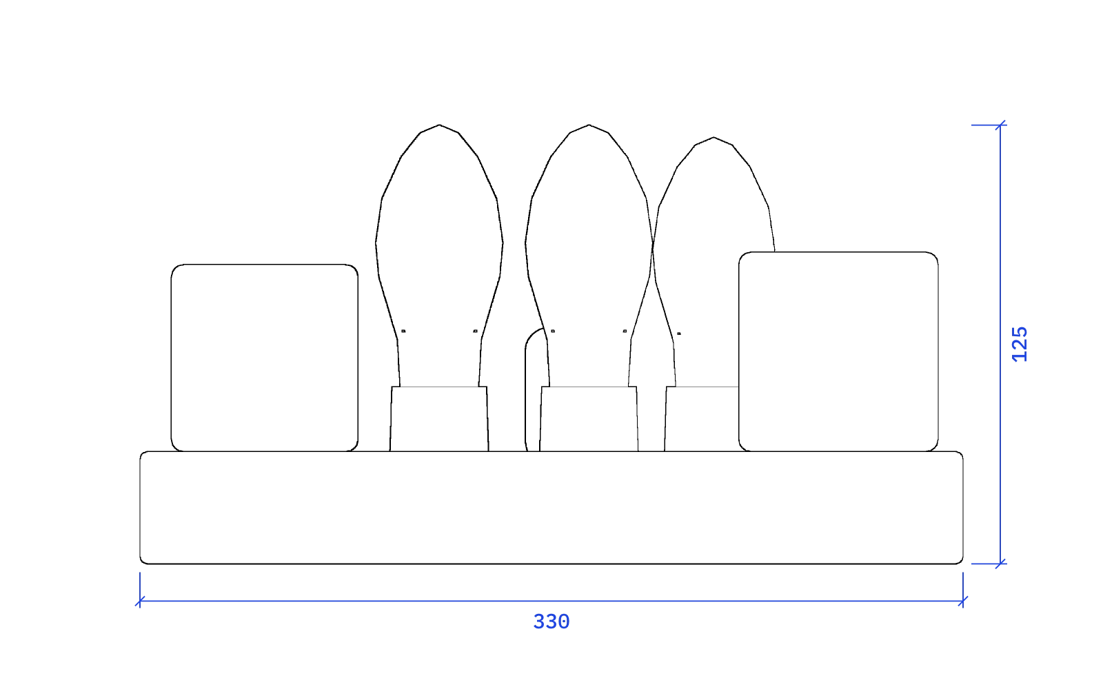Front elevation of the Quad II, 330 mm wide and 125 mm high