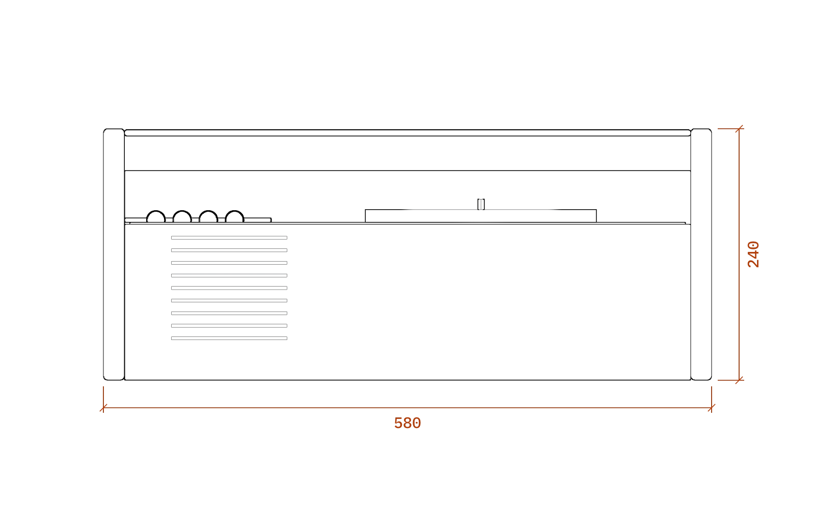 Front elevation of the Braun Phonosuper SK 4, 580 mm wide and 240 mm high