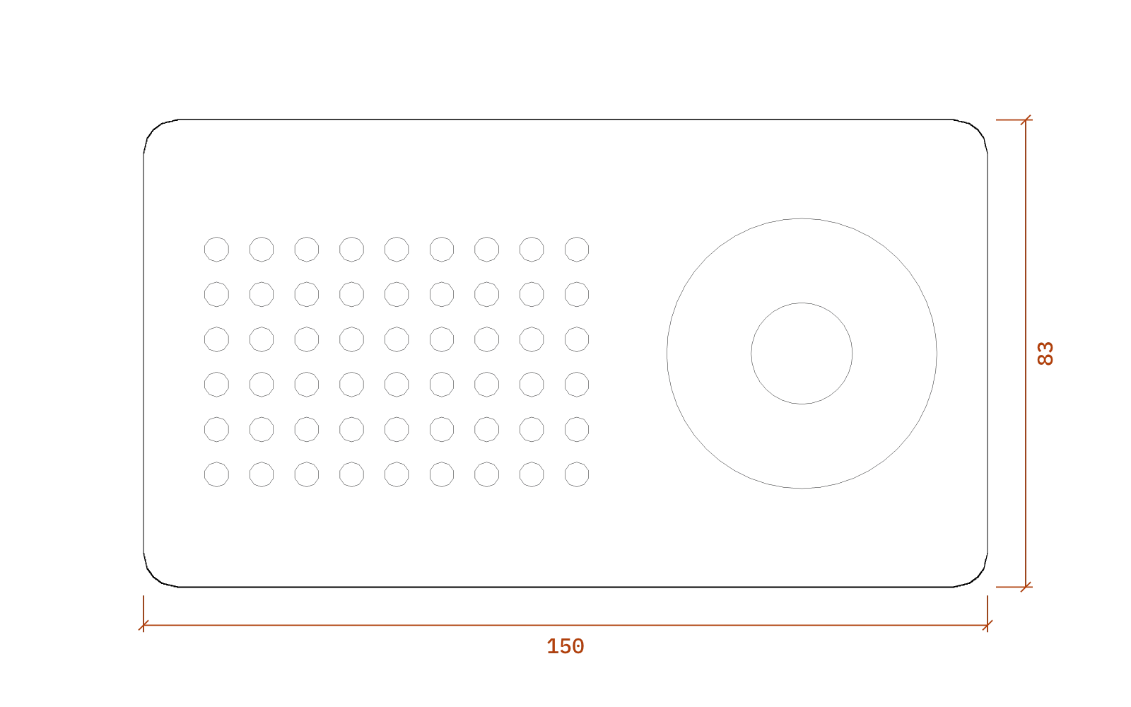 Front elevation of the Braun T 3 (Transistor 3 pocket receiver), 150 mm wide and 83 mm high