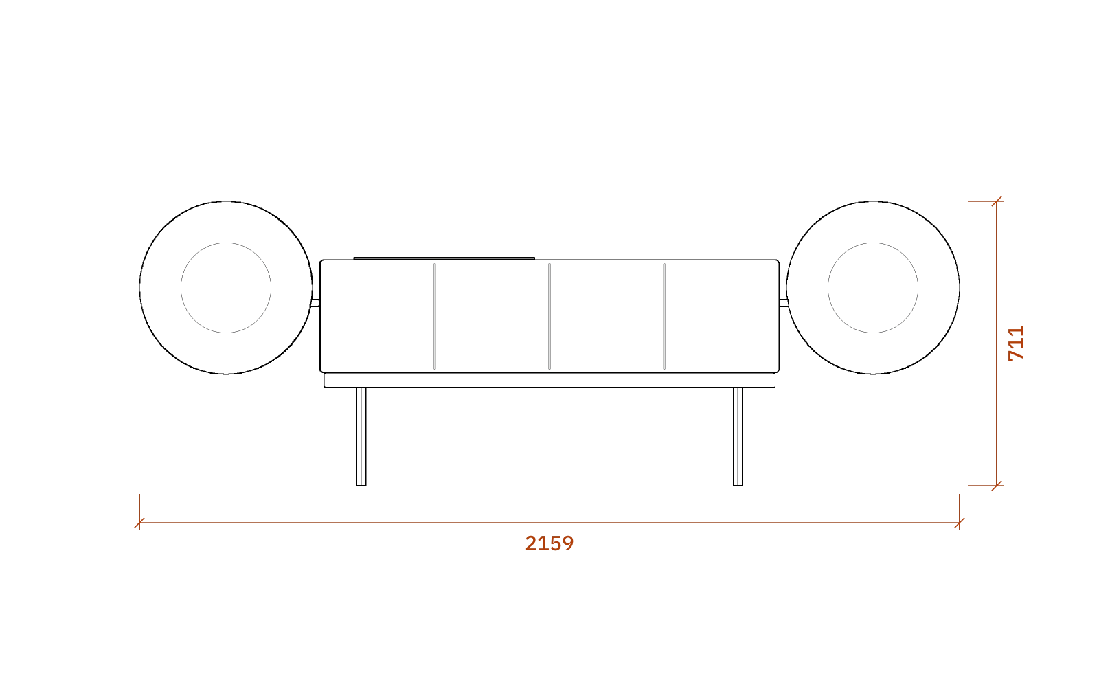 Front elevation of the Clairtone Project G, 2159 mm wide and 711 mm high