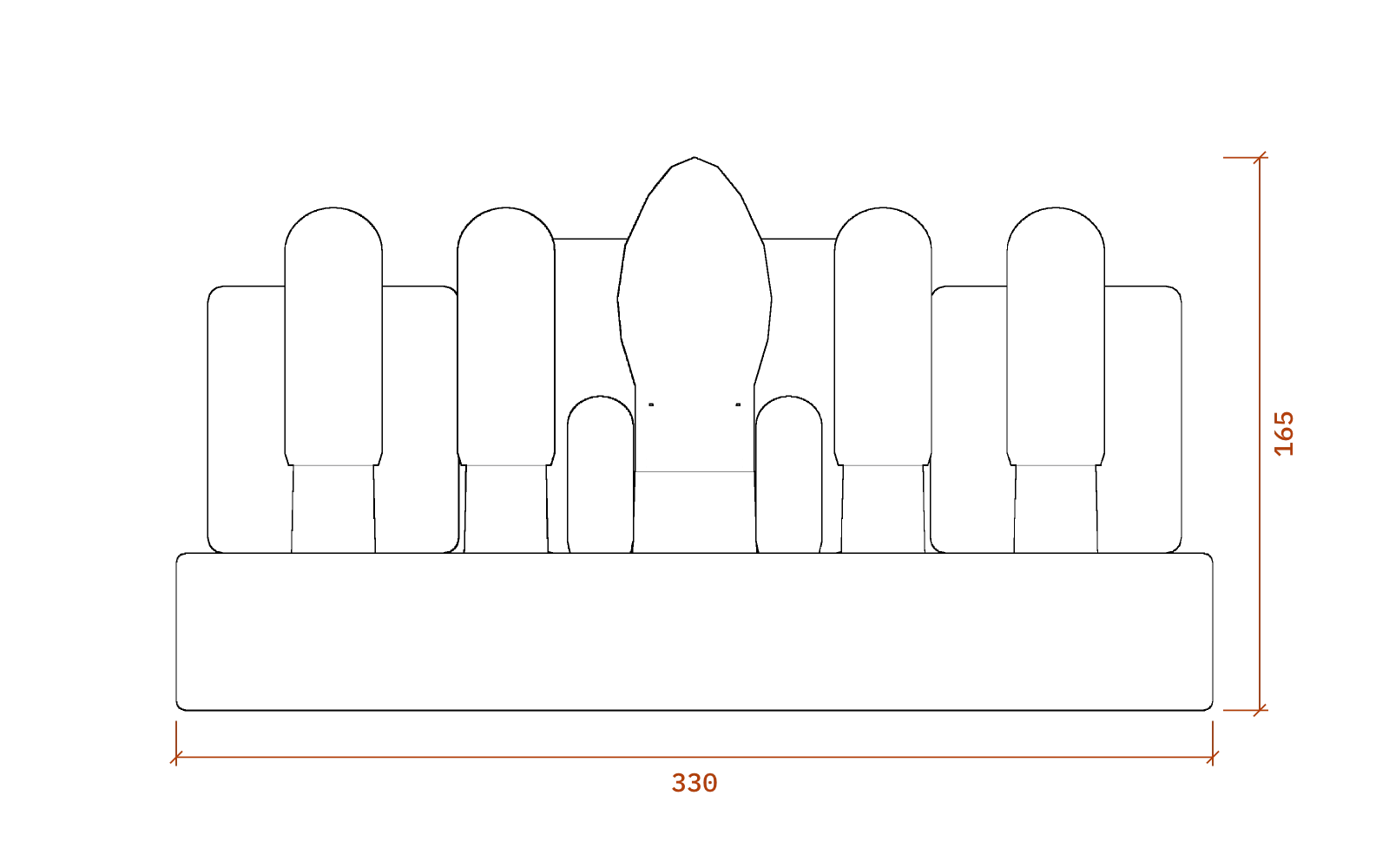 Front elevation of the Dynaco Stereo 70 (ST-70), 330 mm wide and 165 mm high