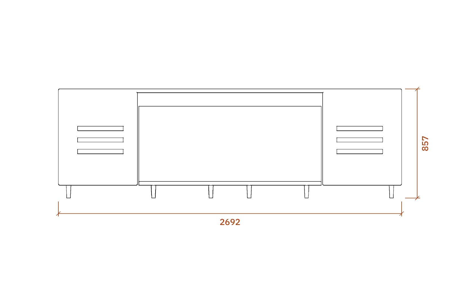 Front elevation of the JBL Paragon D44000, 2692 mm wide and 857 mm high