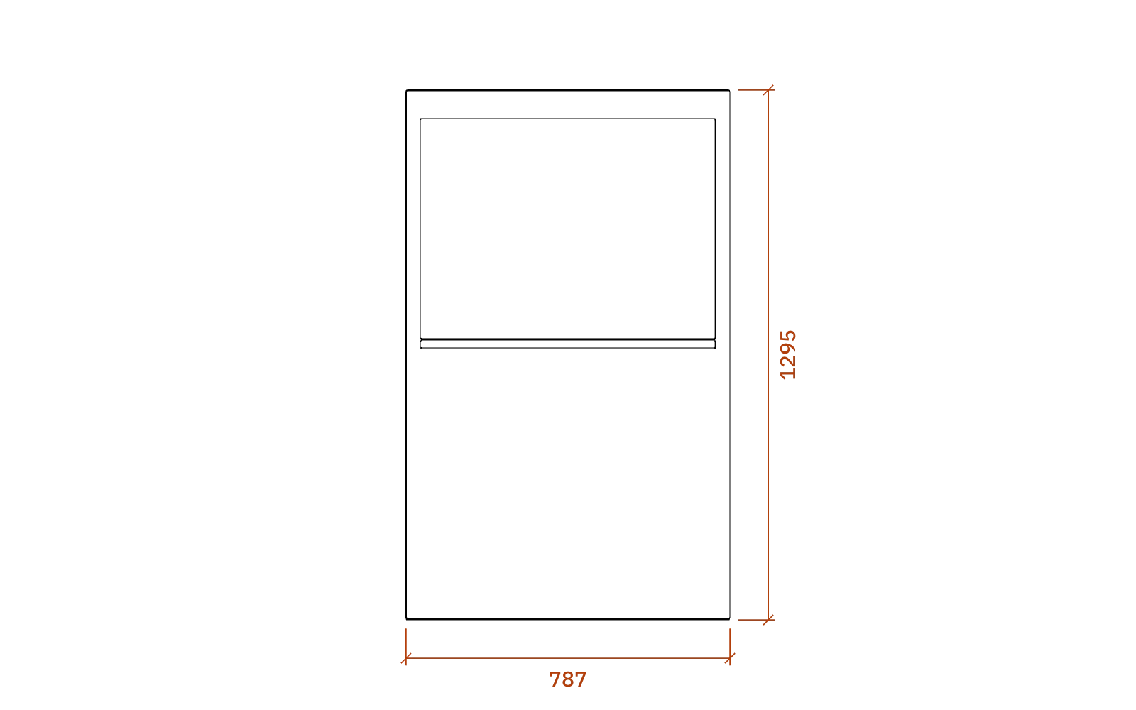 Front elevation of the Klipsch Klipschorn, 787 mm wide and 1295 mm high