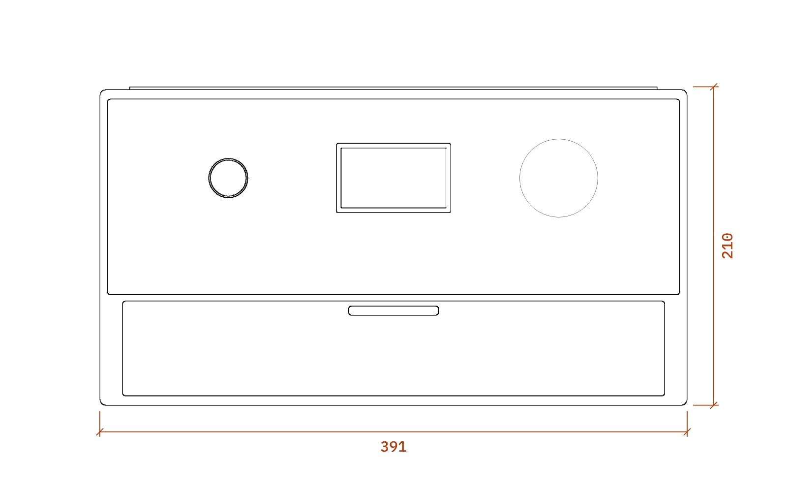 Front elevation of the Marantz Model 9, 391 mm wide and 210 mm high