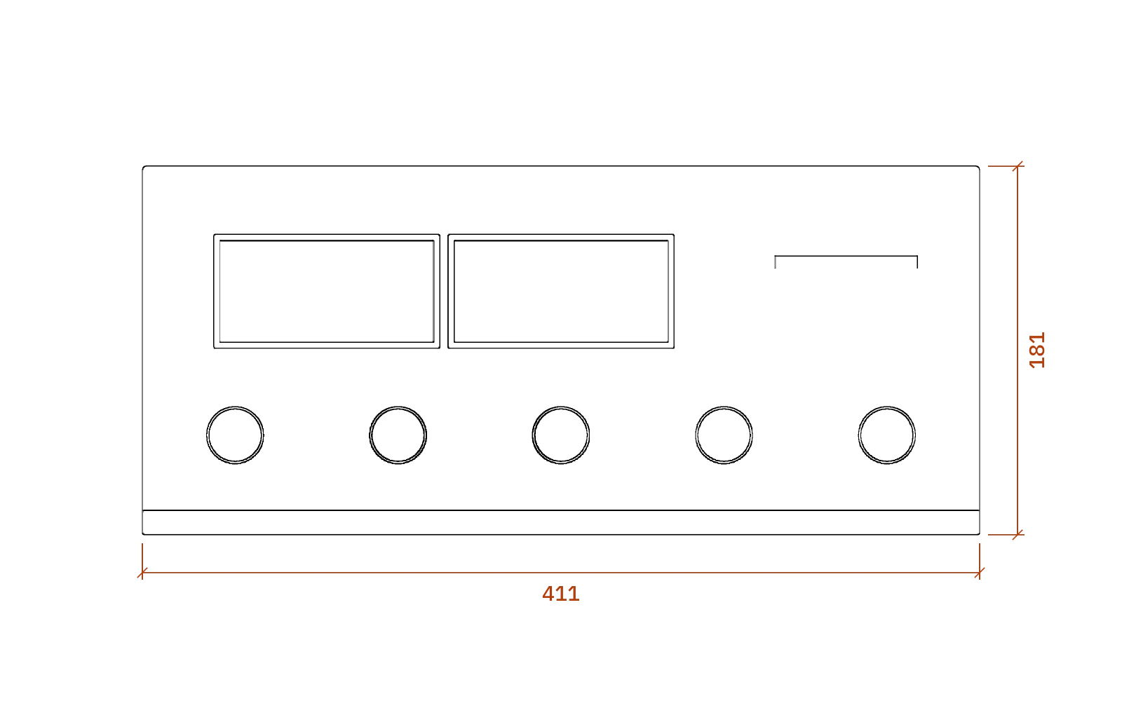 Front elevation of the McIntosh MC2105, 411 mm wide and 181 mm high