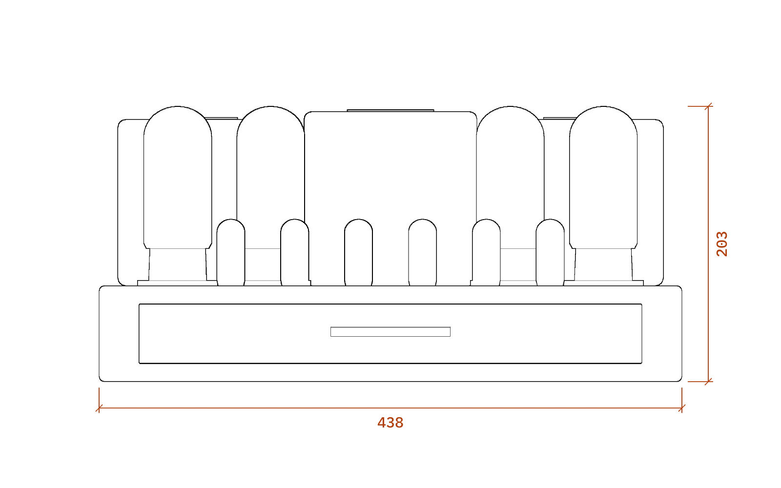 Front elevation of the McIntosh MC275, 438 mm wide and 203 mm high