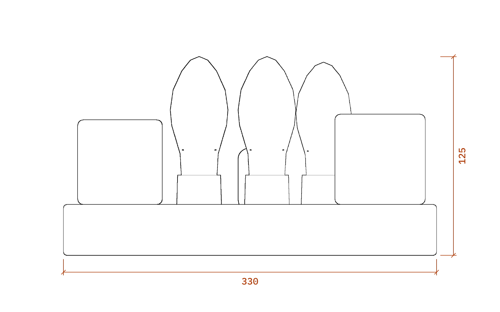 Front elevation of the Quad II, 330 mm wide and 125 mm high